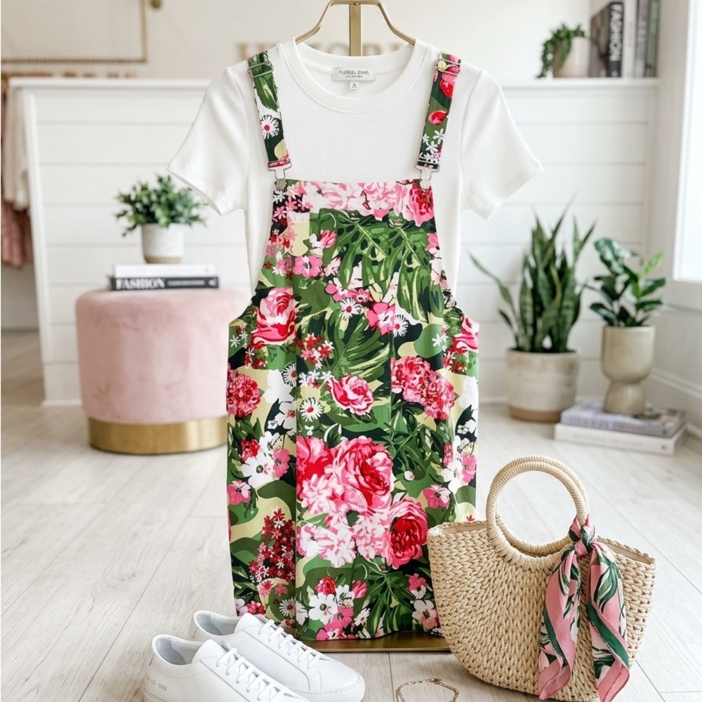 Julie & Joy Womens Pink Green Floral Print Bib Overall Jumper Dress Size 3X